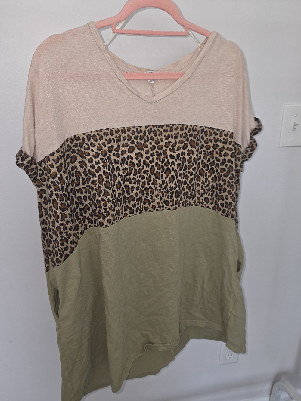 Umgee Blush, Leopard & Olive Colorblock V‑Neck Tunic Dress
